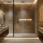 Modern glass-walled shower with stone walls, warm lighting, and a backlit shelf.