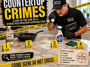 Infographic about countertop crimes; a man in a black shirt demonstrates with tools, four yellow steps, and common offenders list.