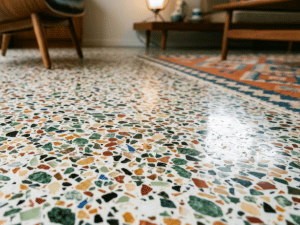 Terrazzo tile floor with colorful green, orange, and black chips in a living room setting.